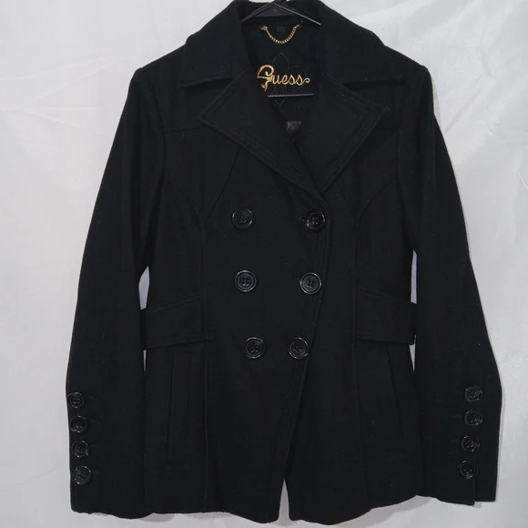 GUESS Jacket Womens Medium Double Breasted Wool Blend Pea Coat Preppy Vintage - Picture 3 of 13